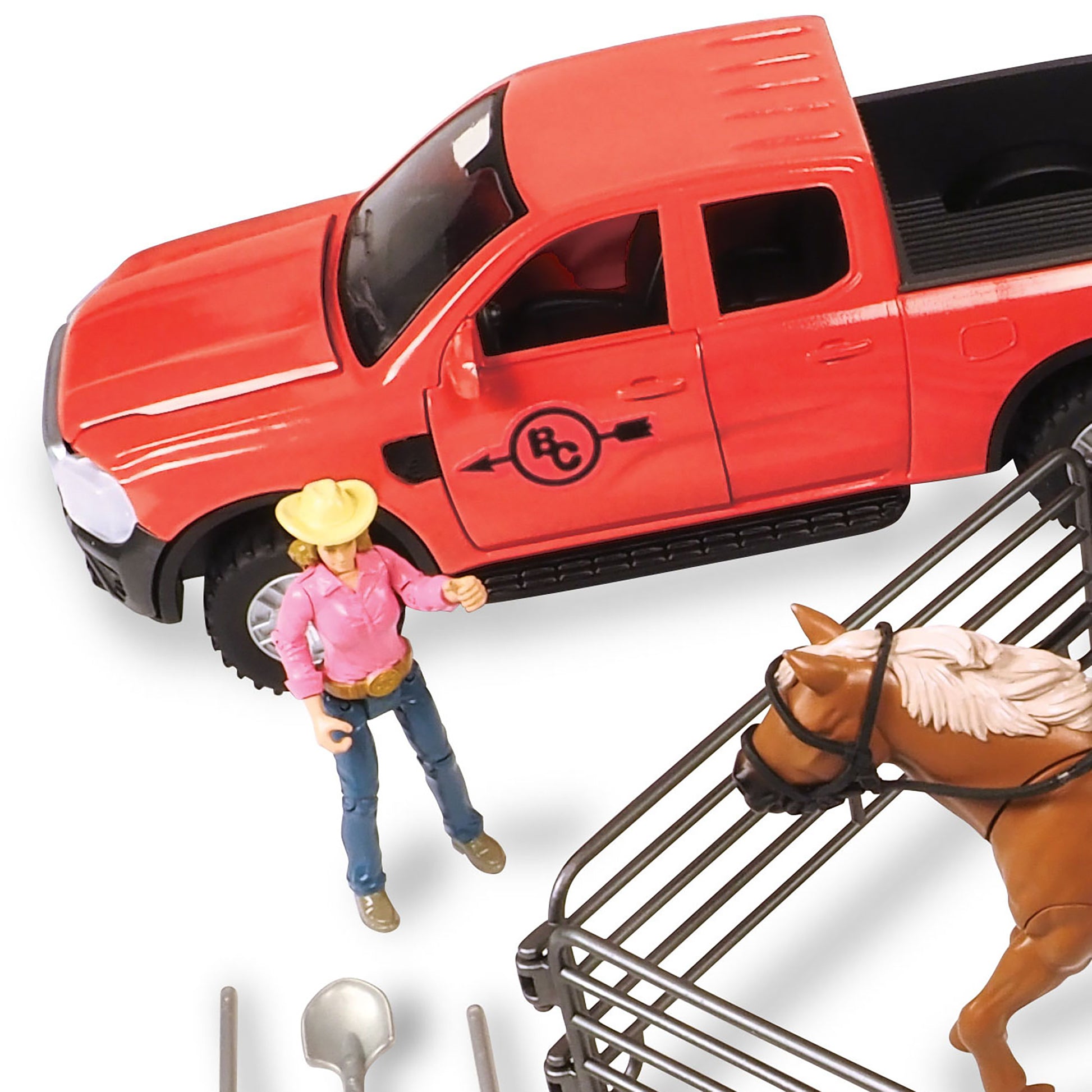 Trailer Playset Truck & Horse 24pc with red pickup truck, cowgirl figure, and brown horse