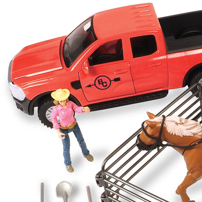Trailer Playset Truck & Horse 24pc with red pickup truck, cowgirl figure, and brown horse