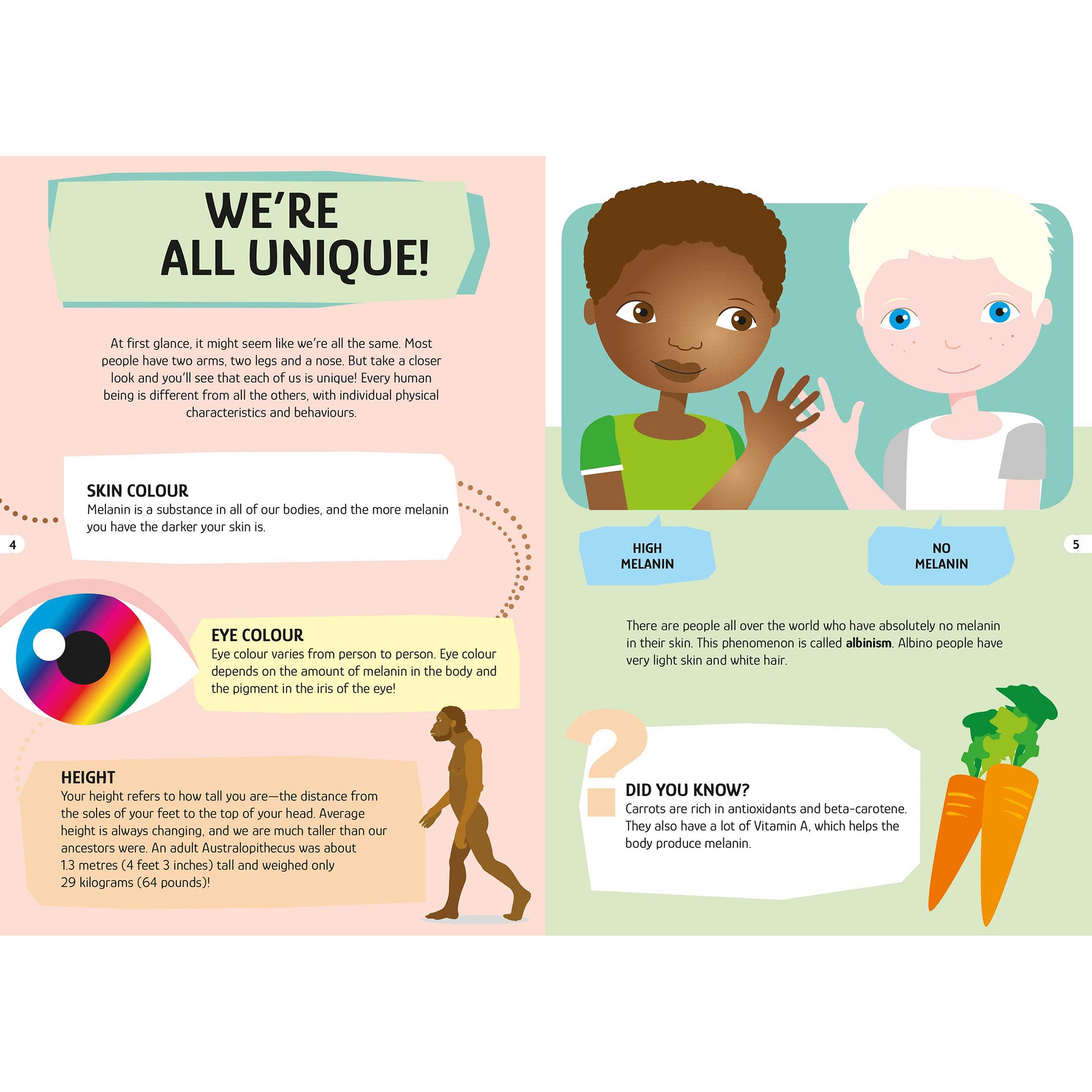 TLE: The Human Body educational book showing human diversity, skin color, eye color, and height differences