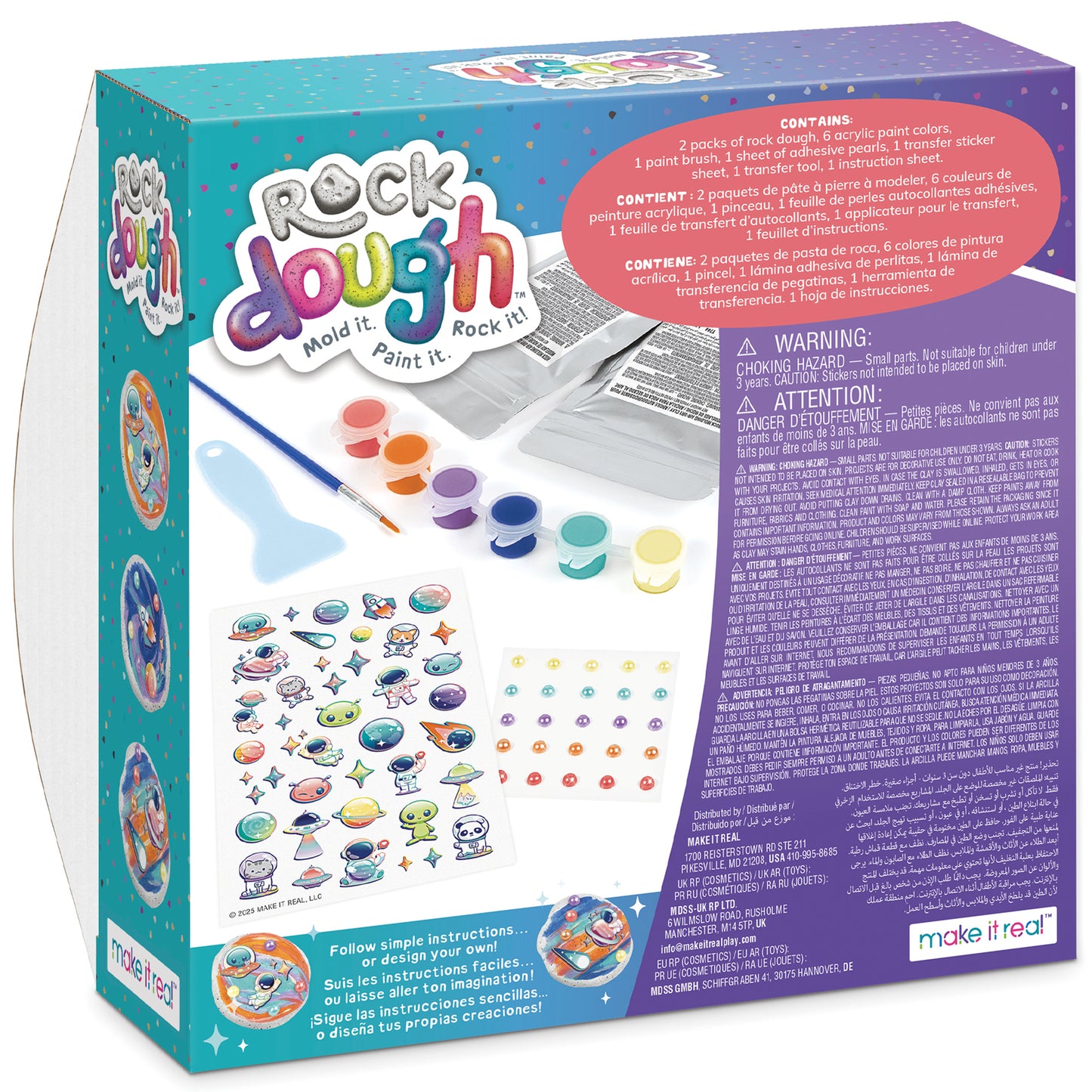 Rock Dough Cosmic Creations craft kit with colorful dough, paint, brush, and space-themed stickers