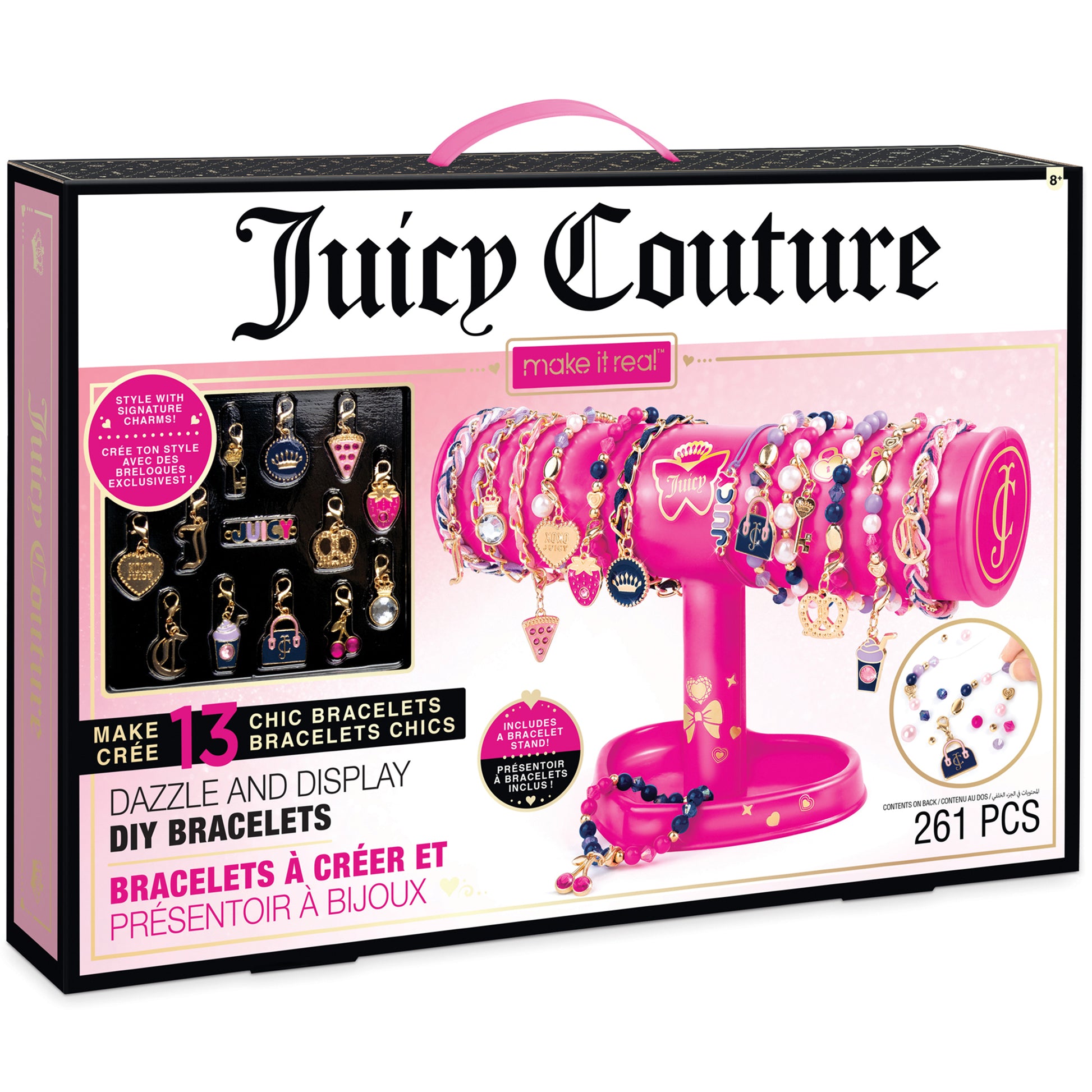 Juicy Couture Dazzle and Display DIY Bracelet Kit with hot pink display stand, 13 charms, bracelet-making supplies, and 261 pieces total