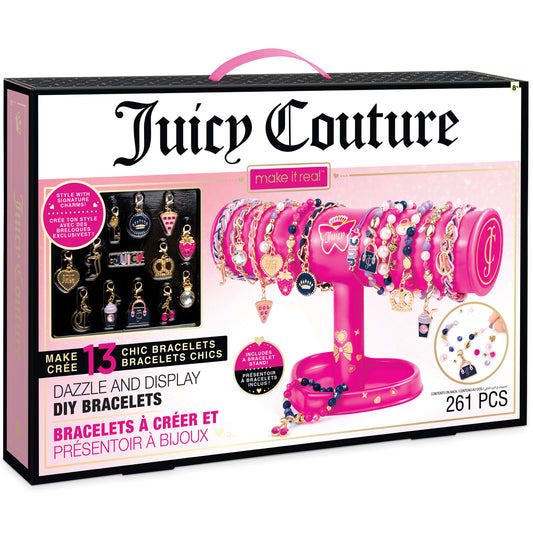 Juicy Couture Dazzle and Display DIY Bracelet Kit with hot pink display stand, 13 charms, bracelet-making supplies, and 261 pieces total