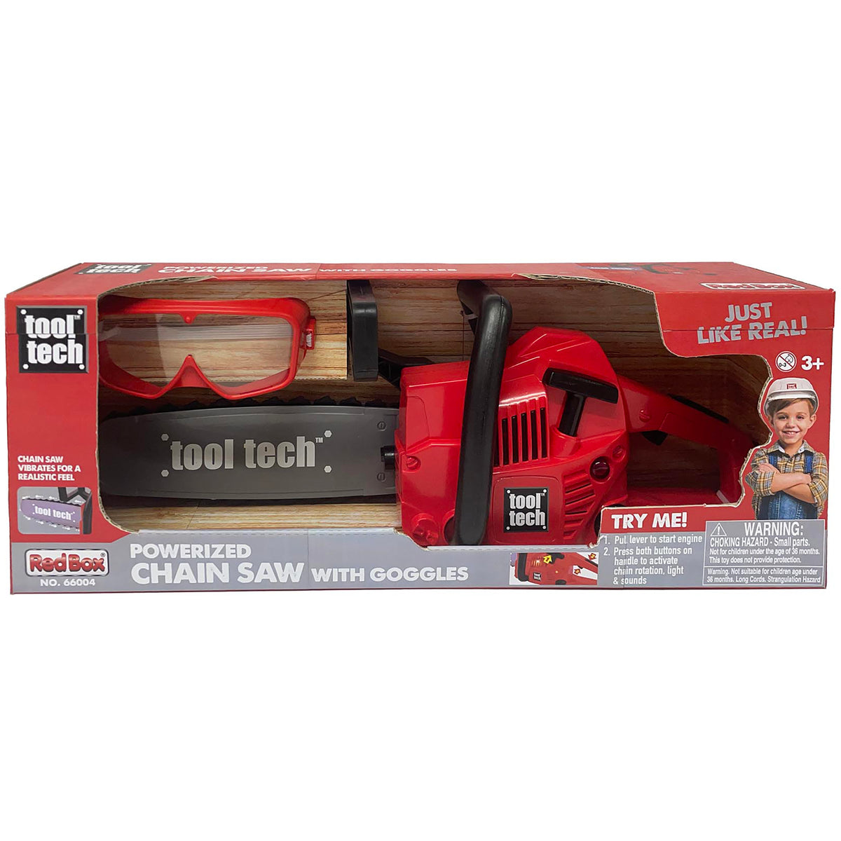 Tool Tech Powerized Chain Saw toy in red with goggles, displayed in packaging
