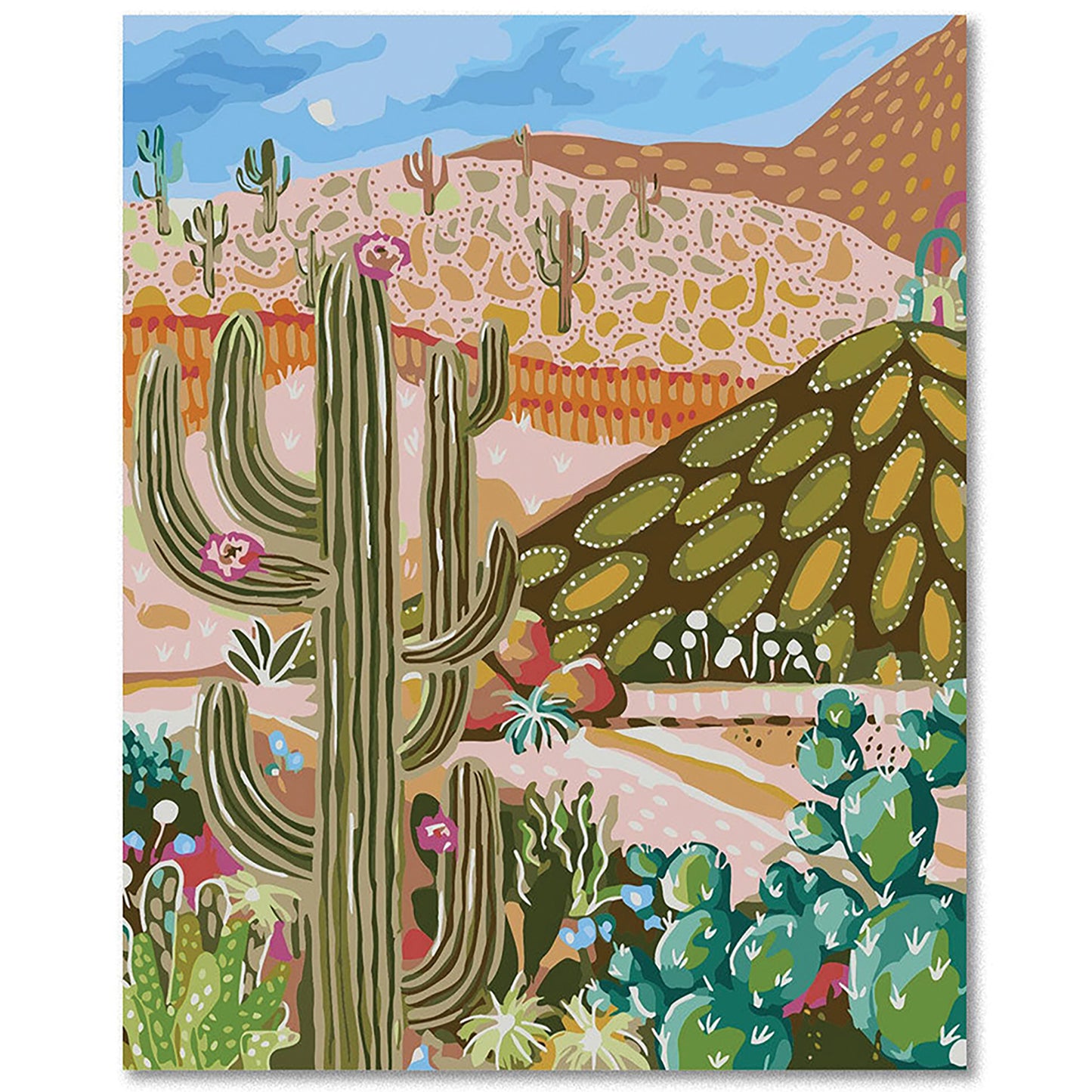 JOS Paint By Numbers Cactus Valley desert landscape with saguaro cacti and colorful flowers