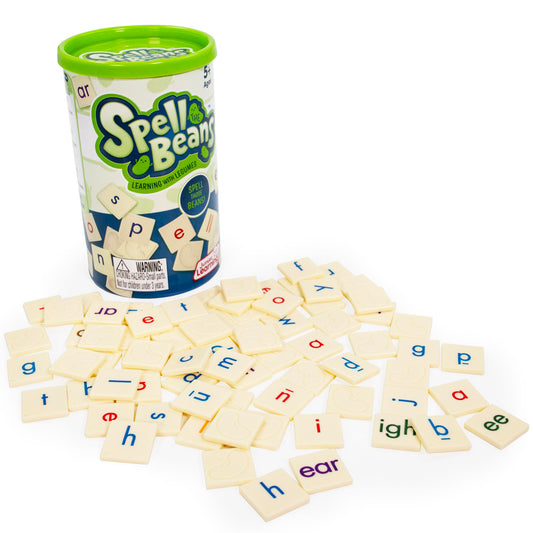 Spell the Beans learning game with green container and letter tiles for spelling practice