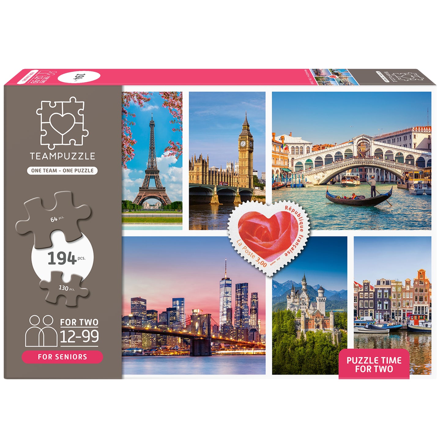 TEAMPUZZLE Cities 194pc jigsaw puzzle with two difficulty levels featuring European landmarks
