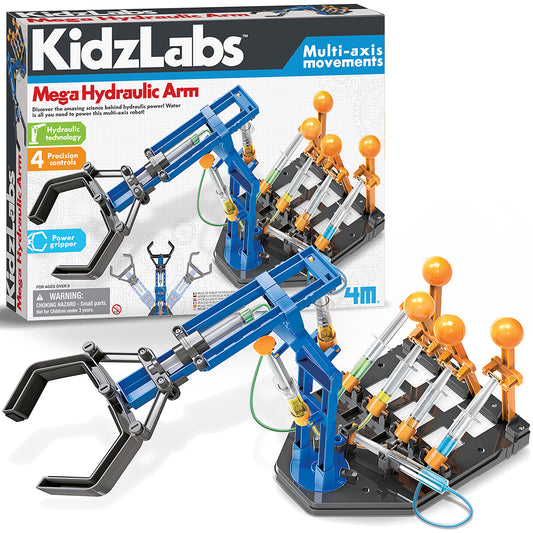 KidzLabs Mega Hydraulic Arm engineering kit with blue hydraulic robotic arms, orange gripper spheres, black control handles, and transparent tubing on white bas