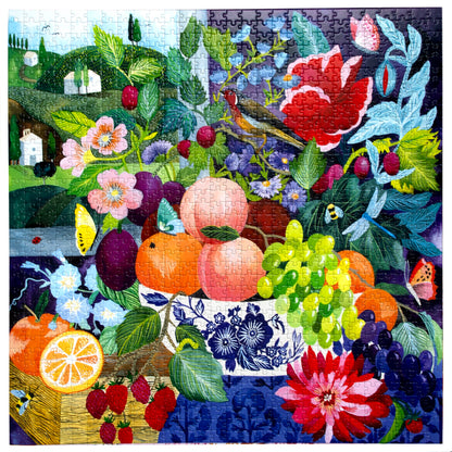 eeBoo Stone Fruit Still Life 1000-piece puzzle featuring colorful peaches, plums, flowers, and garden fruits in vibra...