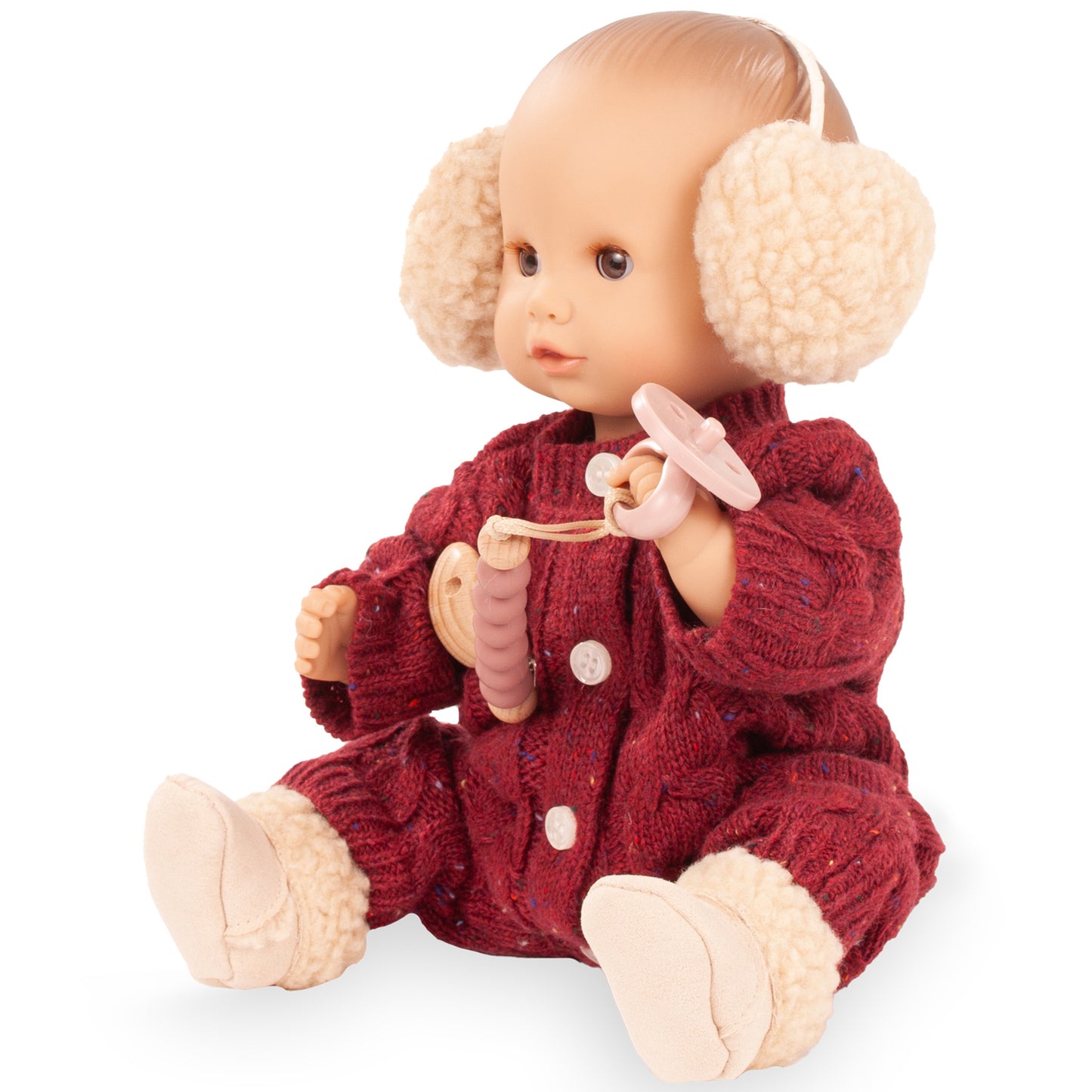 Jubilee Sleepy Aquini 13 inch doll in burgundy coat with cream earmuffs