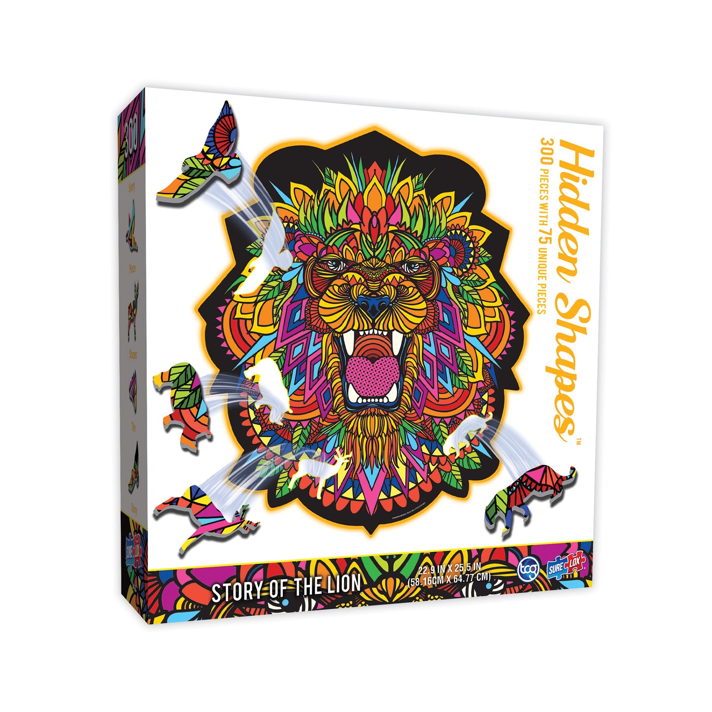 Hidden Shapes 300-piece jigsaw puzzle box featuring colorful mandala lion illustration with vibrant orange, yellow, pink, and blue patterning, showing completed