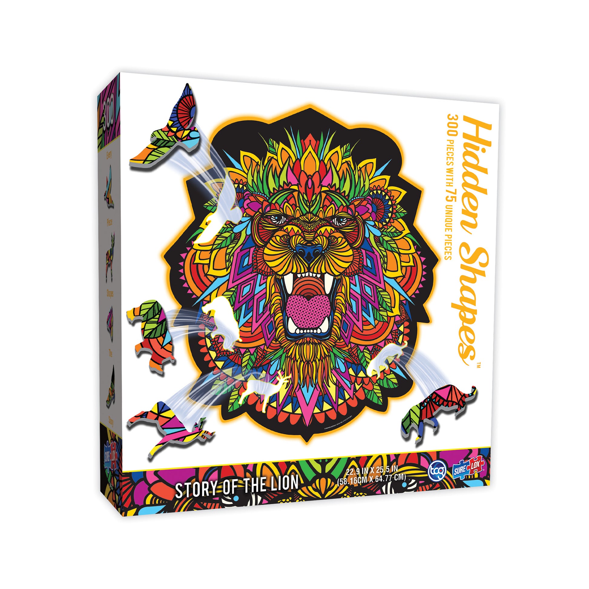Hidden Shapes 300-piece jigsaw puzzle box featuring colorful mandala lion illustration with vibrant orange, yellow, pink, and blue patterning, showing completed