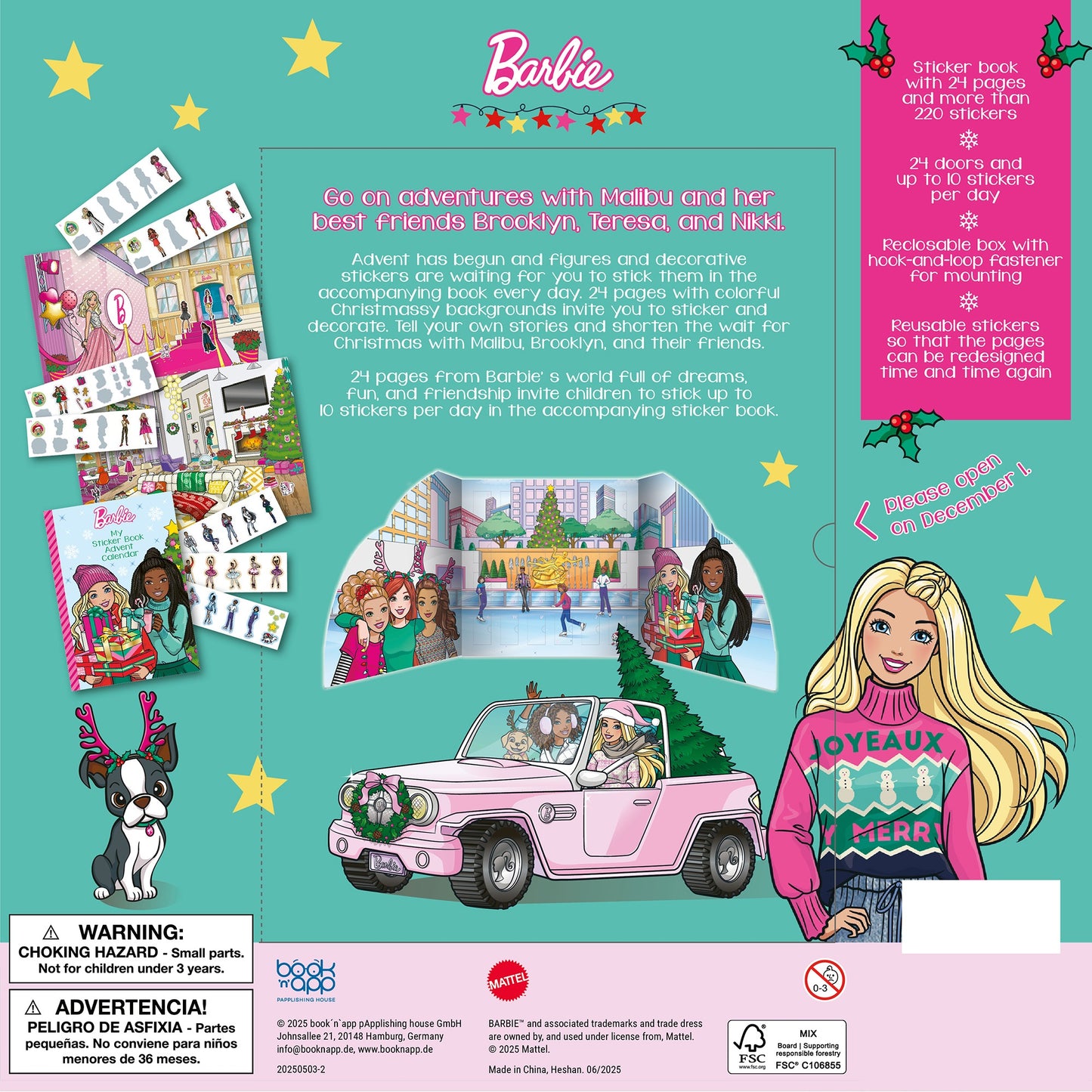 Barbie Sticker Book Advent Calendar with 24 doors, reusable stickers, and pink jeep scene