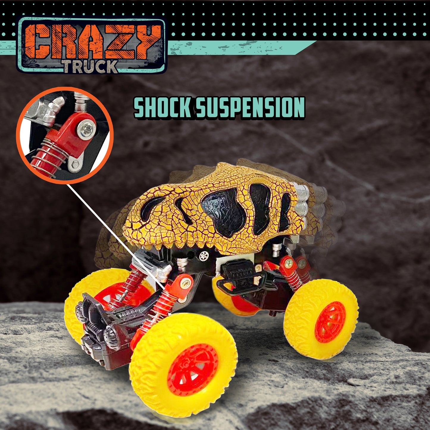 Thin Air Toys Crazy Truck Dinosaur Monster Skull Stunt Truck - Orange & Black, 4.5"