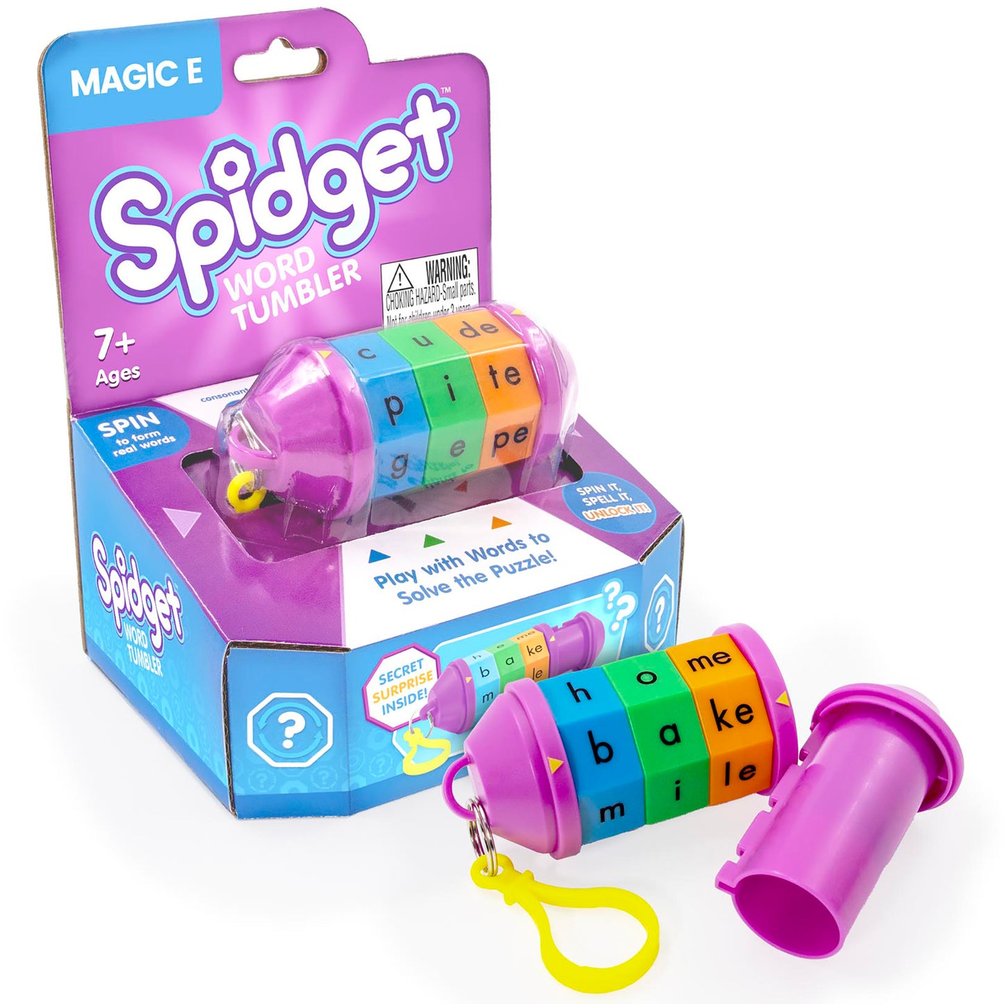 Spidget Word Tumbler Magic E fidget toy with colorful letter rings and pink case