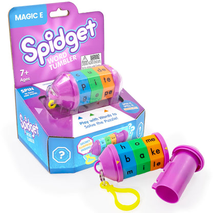 Spidget Word Tumbler Magic E fidget toy with colorful letter rings and pink case