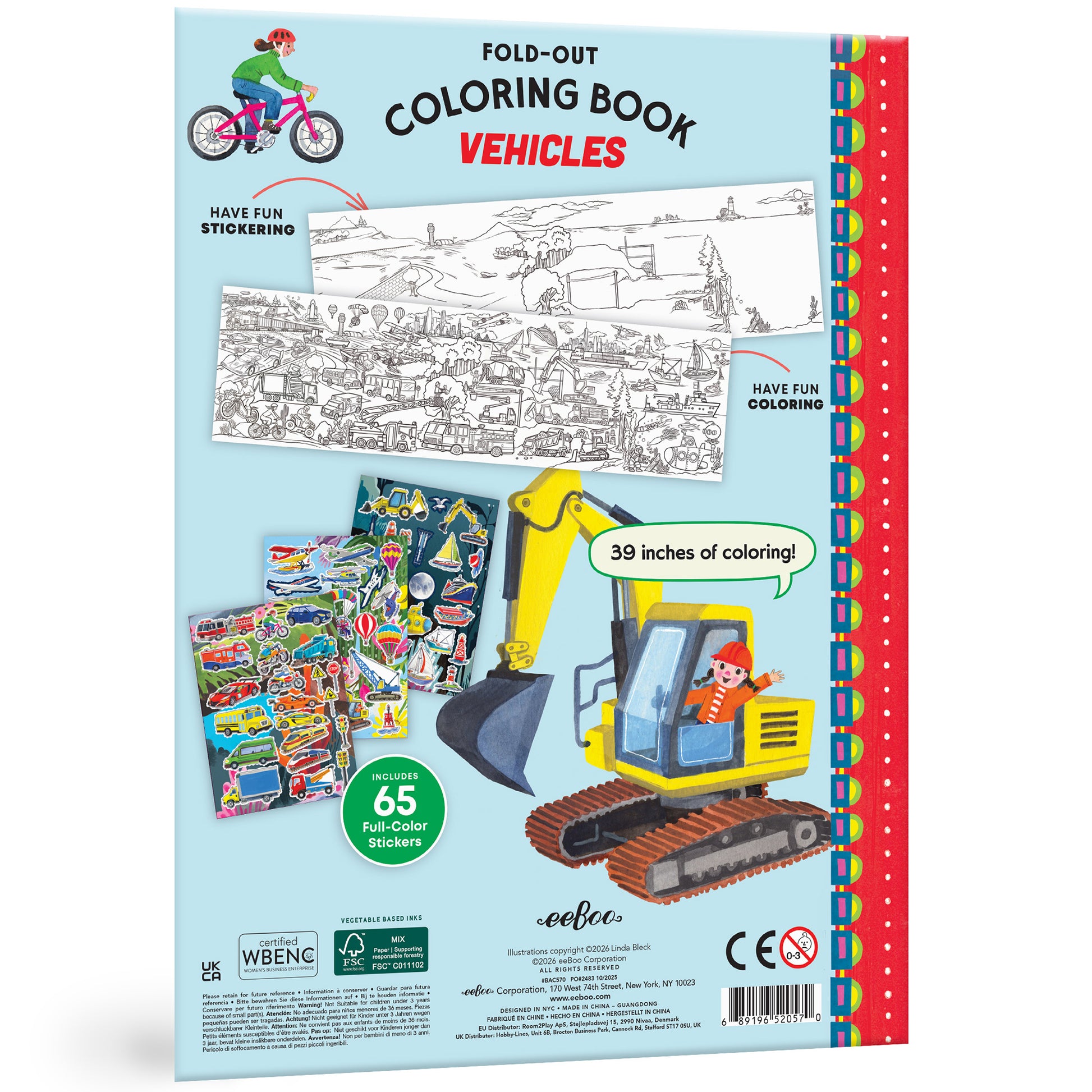 Fold-Out Coloring Book Vehicles with 39 inches of coloring pages and 65 full-color stickers