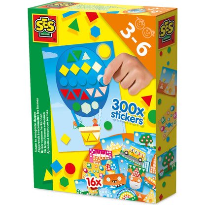 SES Creative shape matching mosaic play set box showing colorful sticker scenes with geometric shapes, hot air balloon design, and child's hand placing stickers