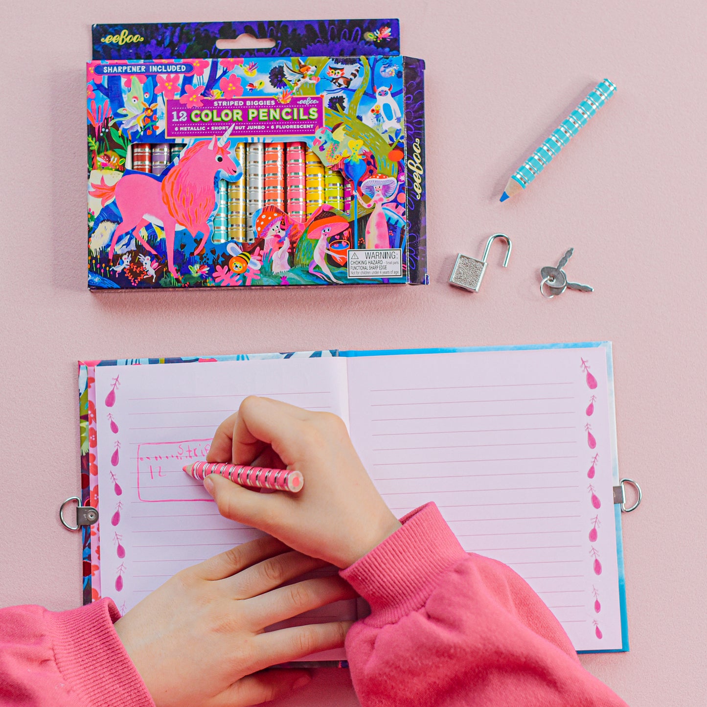 Striped Biggies 12-Color Pencils set with magical creatures design, sharpener included