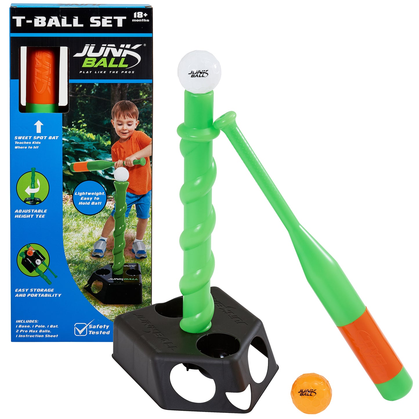 Junk Ball T-Ball Set with green bat, orange grip, white ball, black tee base