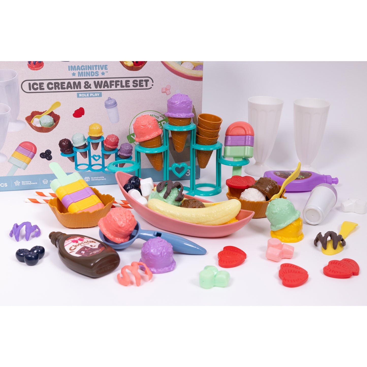 Imaginative Minds Ice Cream & Waffle Set role play toy with turquoise ice cream stand, colorful play food including ice cream scoops, cones, toppings, and acces