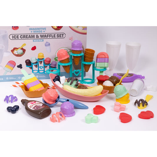 Imaginative Minds Ice Cream & Waffle Set role play toy with turquoise ice cream stand, colorful play food including ice cream scoops, cones, toppings, and acces