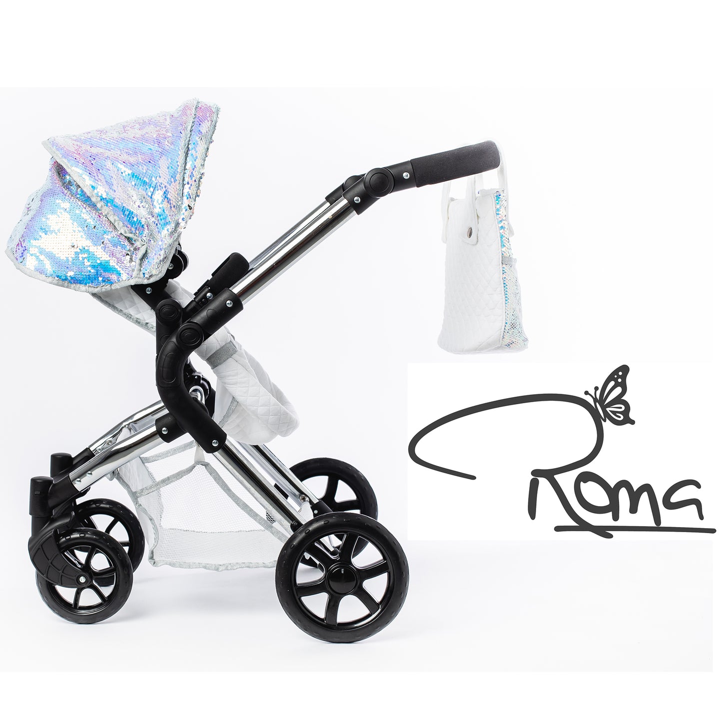 Roma Polly Doll Pram in silver with mermaid sequin canopy and white basket