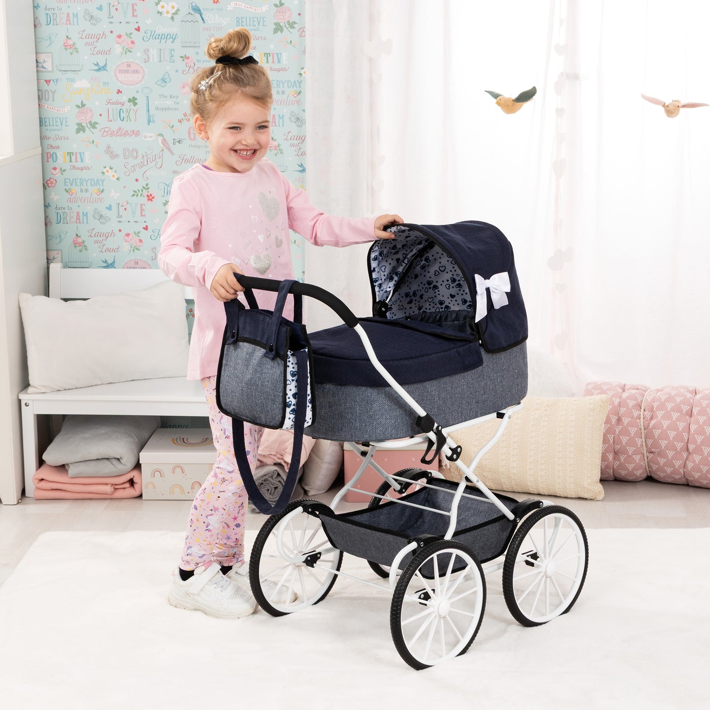 Bayer Design Dolls Pram Classic in navy and grey with white wheels