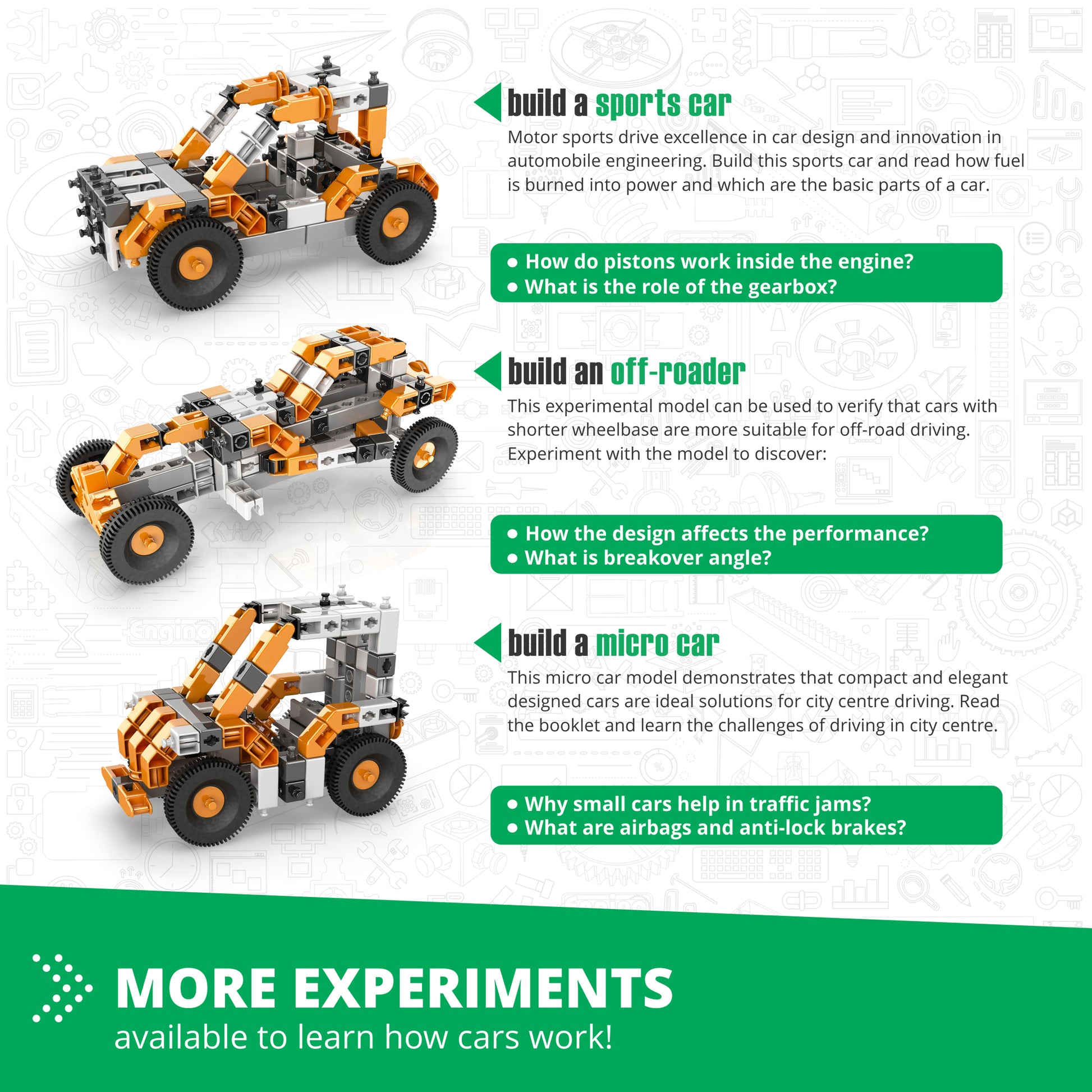 Engino How Cars Work building set with orange and gray vehicle models including sports car, off-roader, and micro car