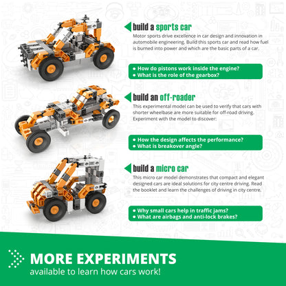 Engino How Cars Work building set with orange and gray vehicle models including sports car, off-roader, and micro car