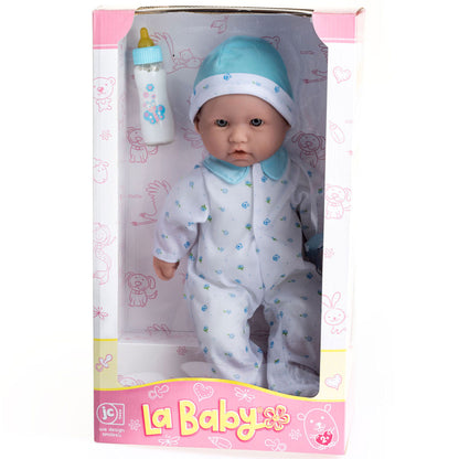 La Baby 11 inch soft body doll with blue outfit, hat, bottle and pacifier in packaging