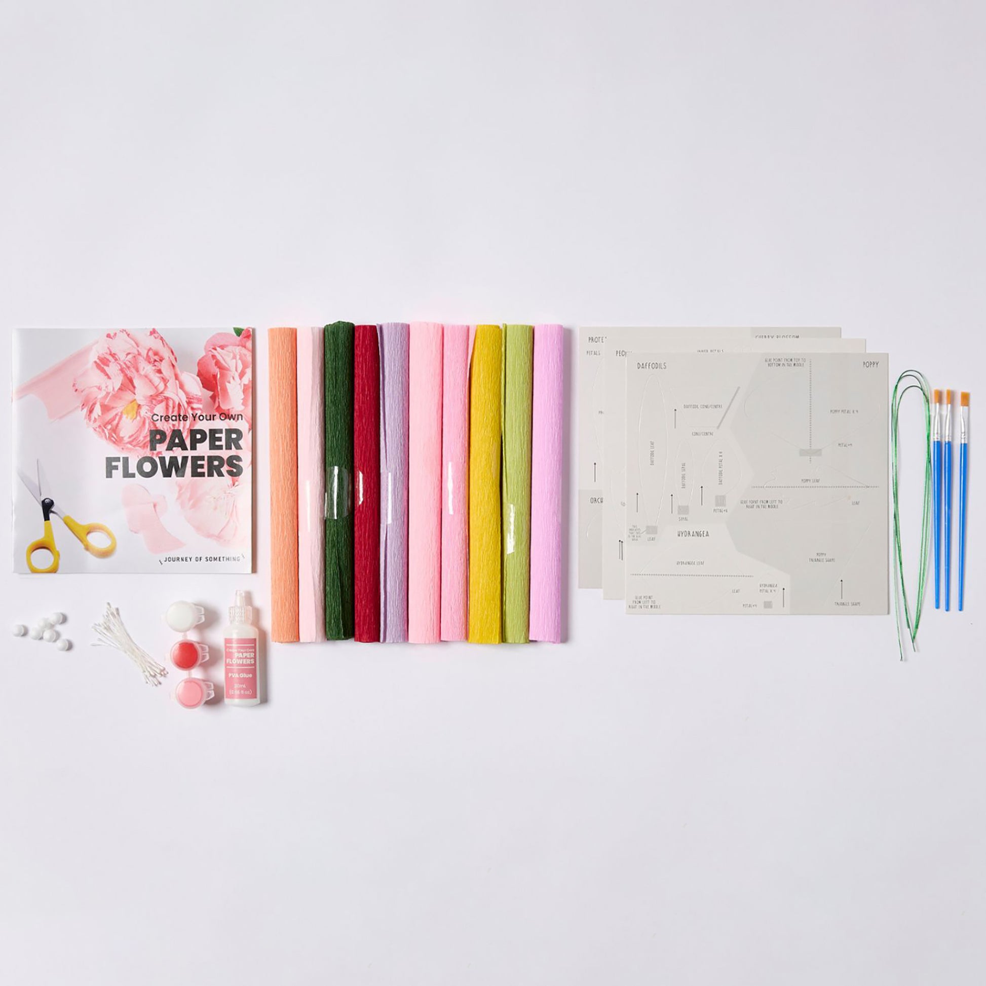 JOS Create Your Own Paper Flowers craft kit with colorful paper strips, tools, and instruction guides