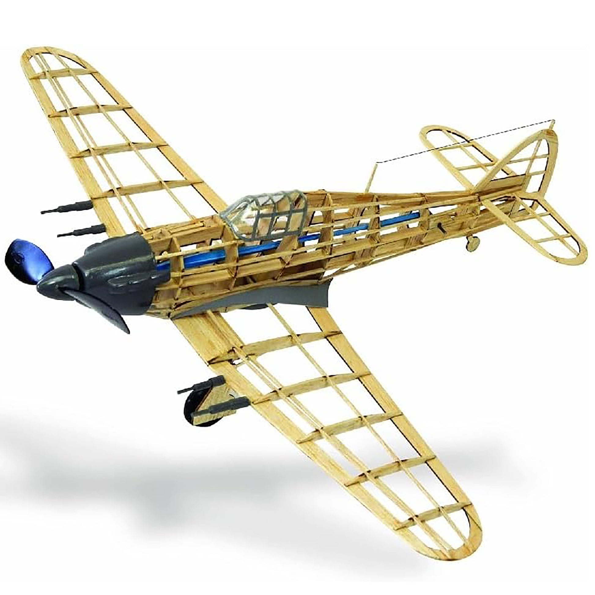 Guillow's Hawker Hurricane balsa wood model airplane kit with natural wood frame and blue fuselage