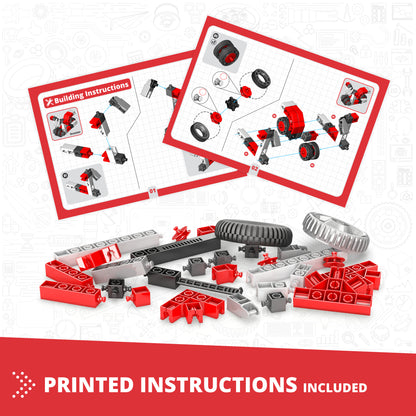 Engino Creative Builder 10-In-1 Vehicles Set with 50 red and gray pieces, building instructions, and tires for ages 6+
