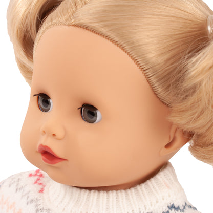 Gotz Muffin Zig Zag 13" doll with blonde hair, blue eyes, and chevron knit sweater