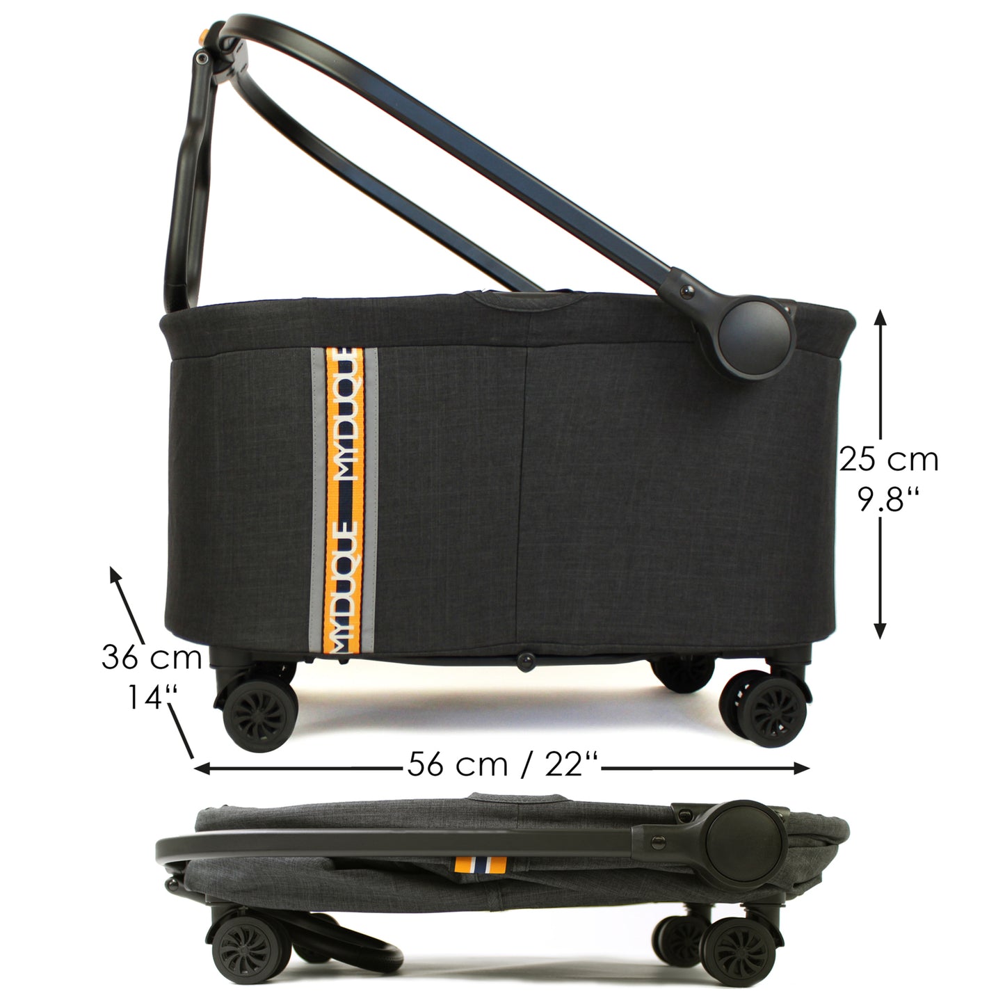 My Duque MULTI Bicycle Pannier Basket in melange black with wheels, shown expanded and folded