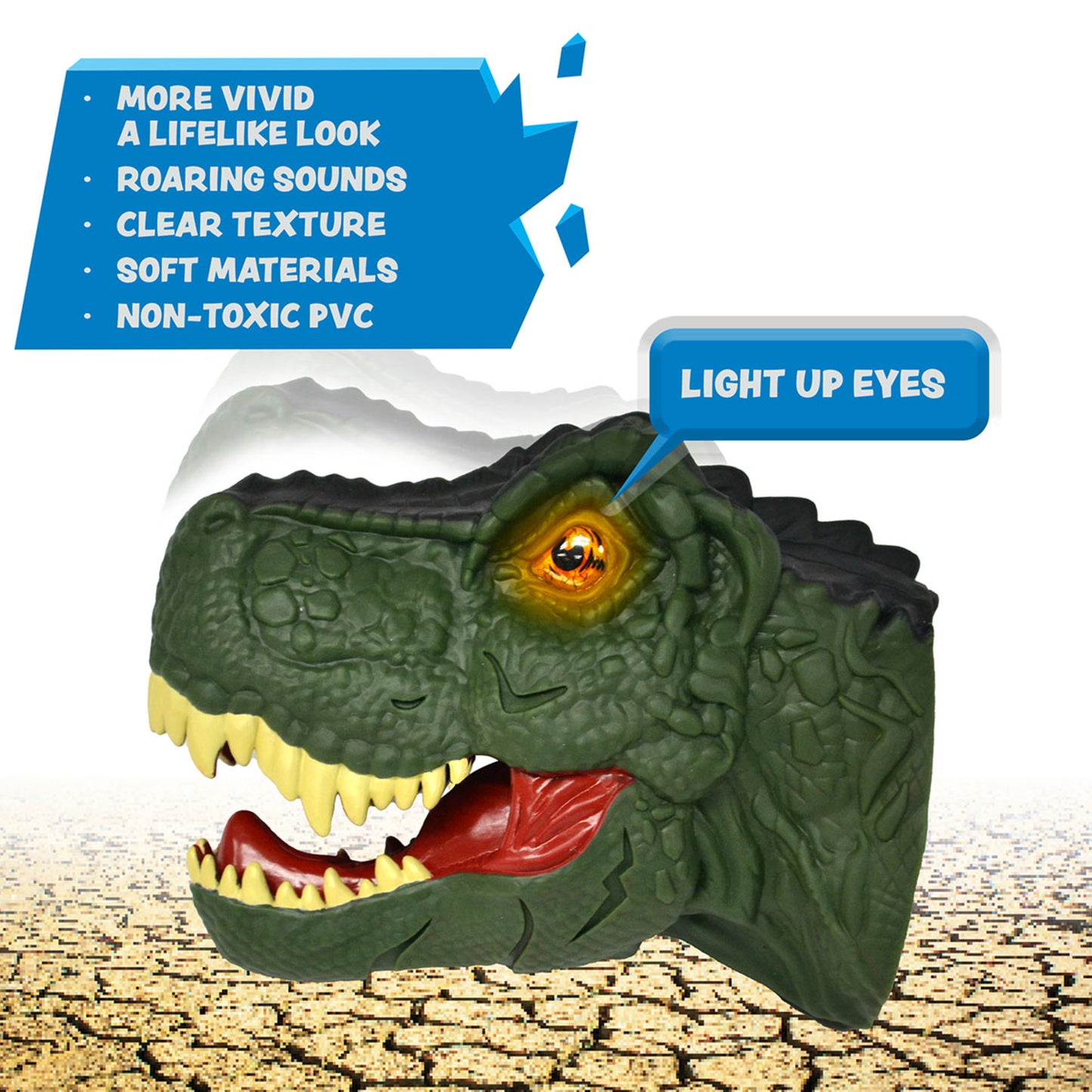 Megahunter T-Rex Hand Puppet in green with light-up eyes and roaring sounds