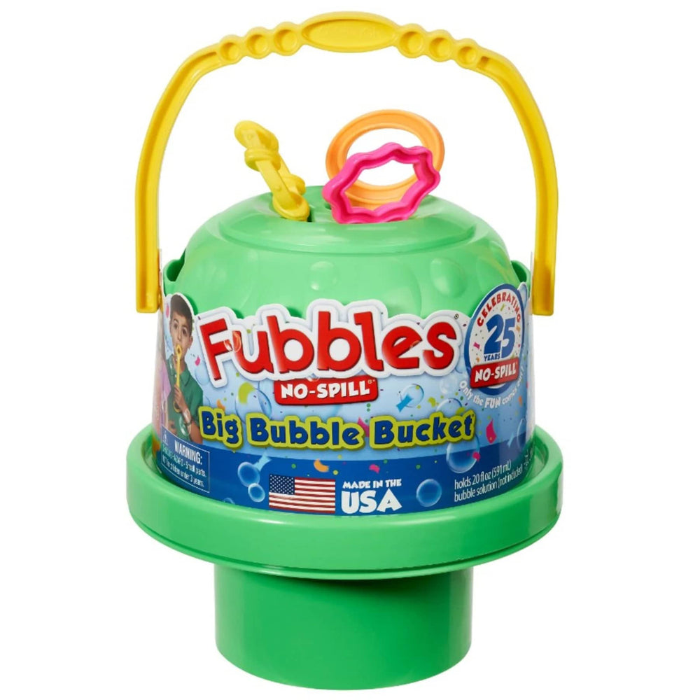 Fubbles No-Spill Big Bubble Bucket in green with yellow handle and pink accessories