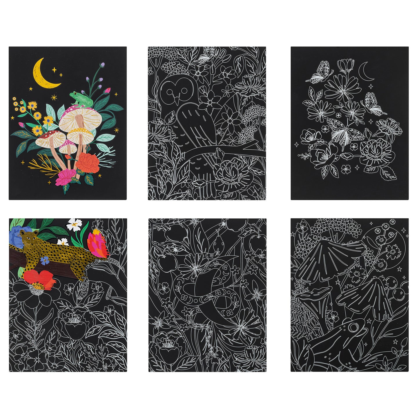 Scratch Art Kit: Mythical Animals with 6 black cards featuring colorful designs of owls, butterflies, leopards and fl...