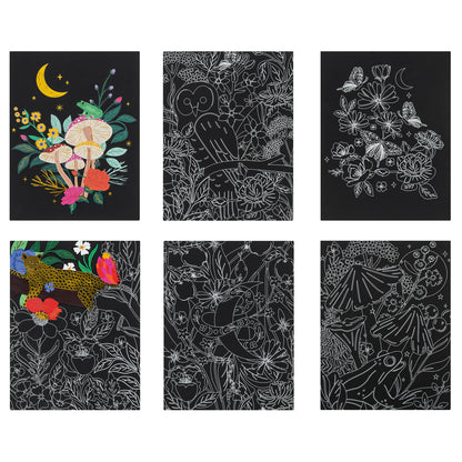 Scratch Art Kit: Mythical Animals with 6 black cards featuring colorful designs of owls, butterflies, leopards and fl...