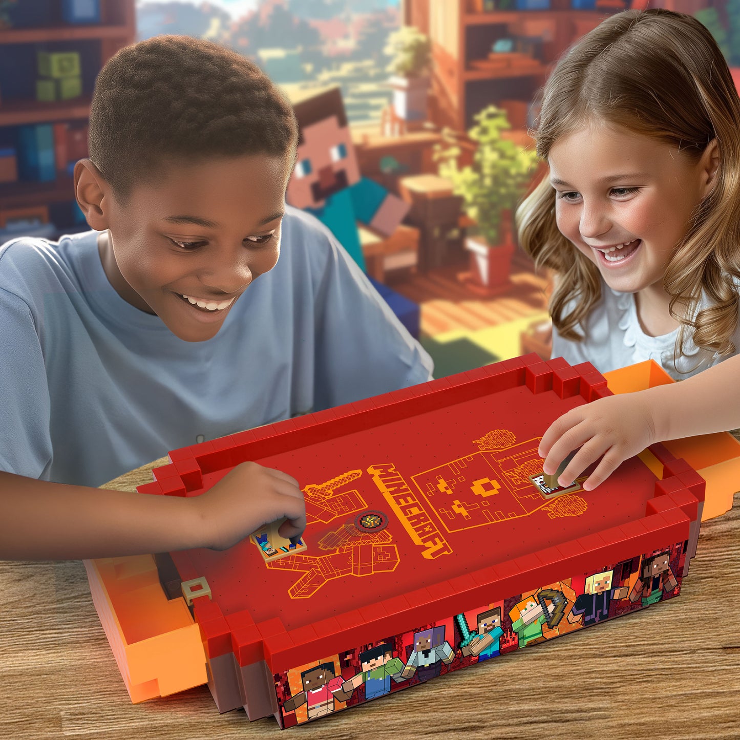 Minecraft Arcade Air Hockey Nether red game table with two children playing