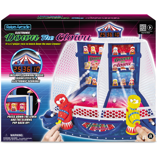 Retro Arcade Electronic Down the Clown 2-player carnival game with red and yellow clown poppers