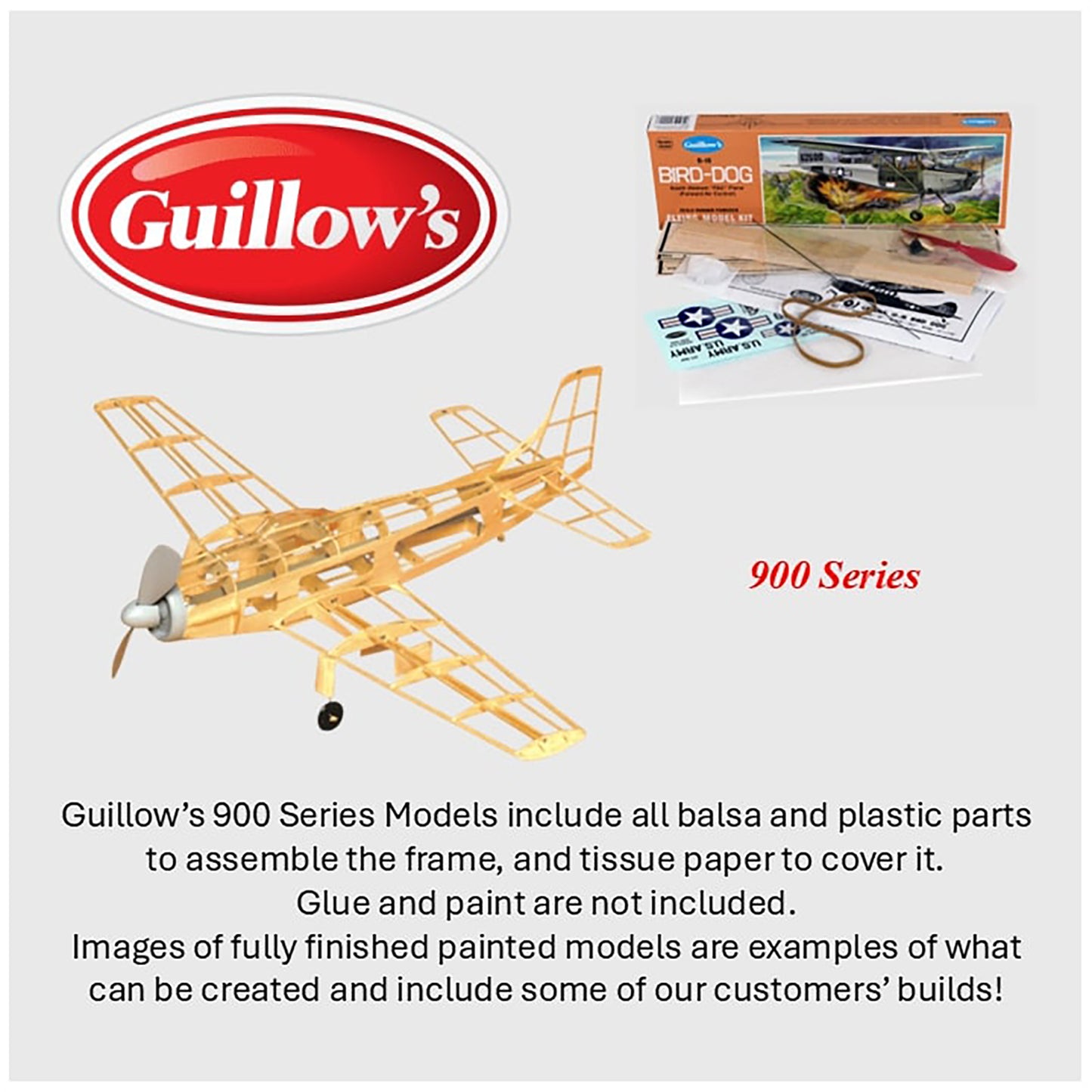 Guillow's 900 Series Bird Dog balsa wood model airplane kit with yellow frame and tissue paper