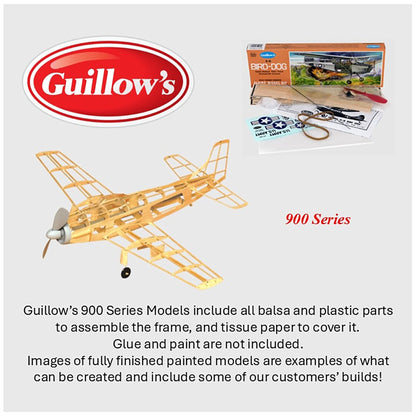 Guillow's 900 Series Bird Dog balsa wood model airplane kit with yellow frame and tissue paper