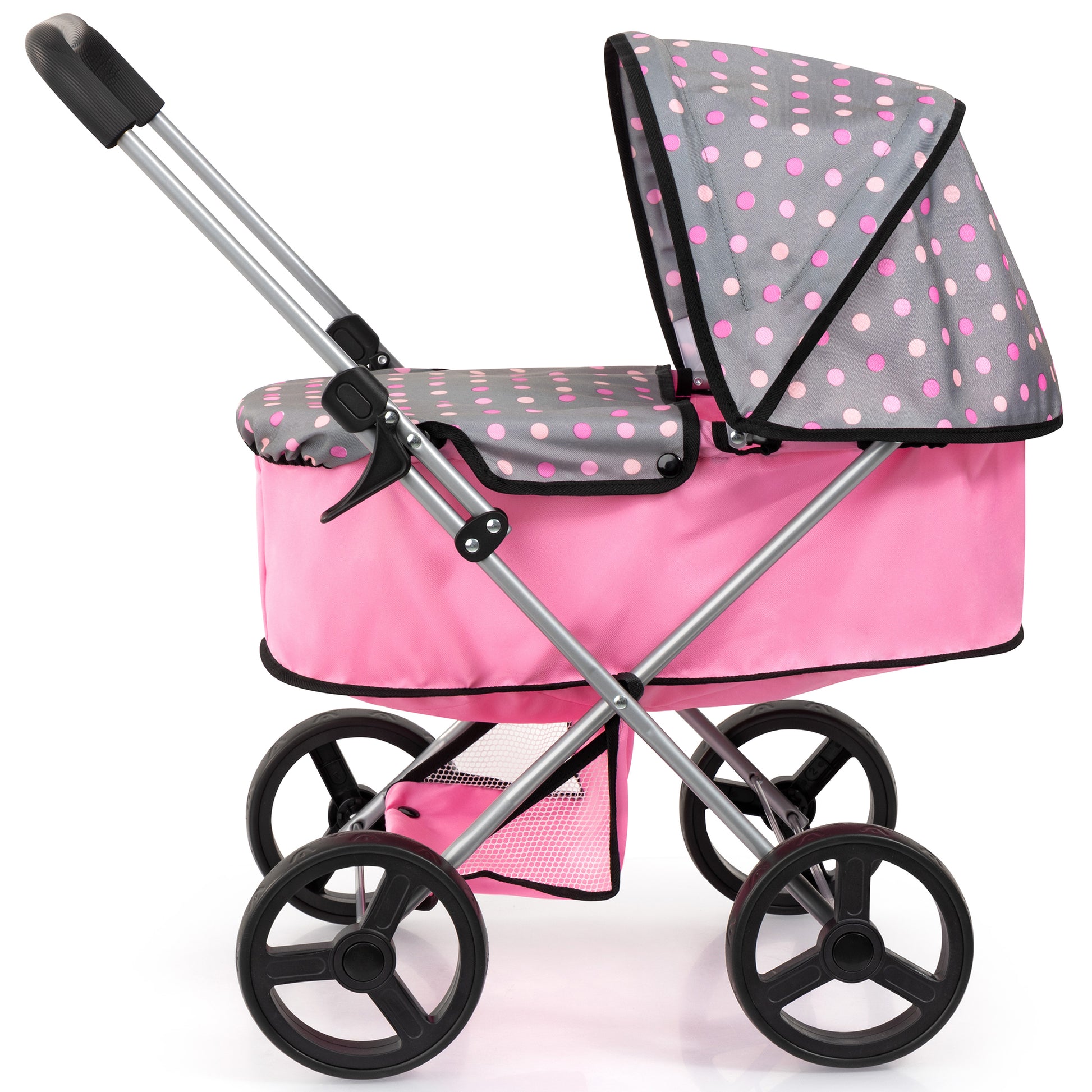 Bayer Design pink doll pram with grey polka dot canopy, adjustable handle and shopping basket
