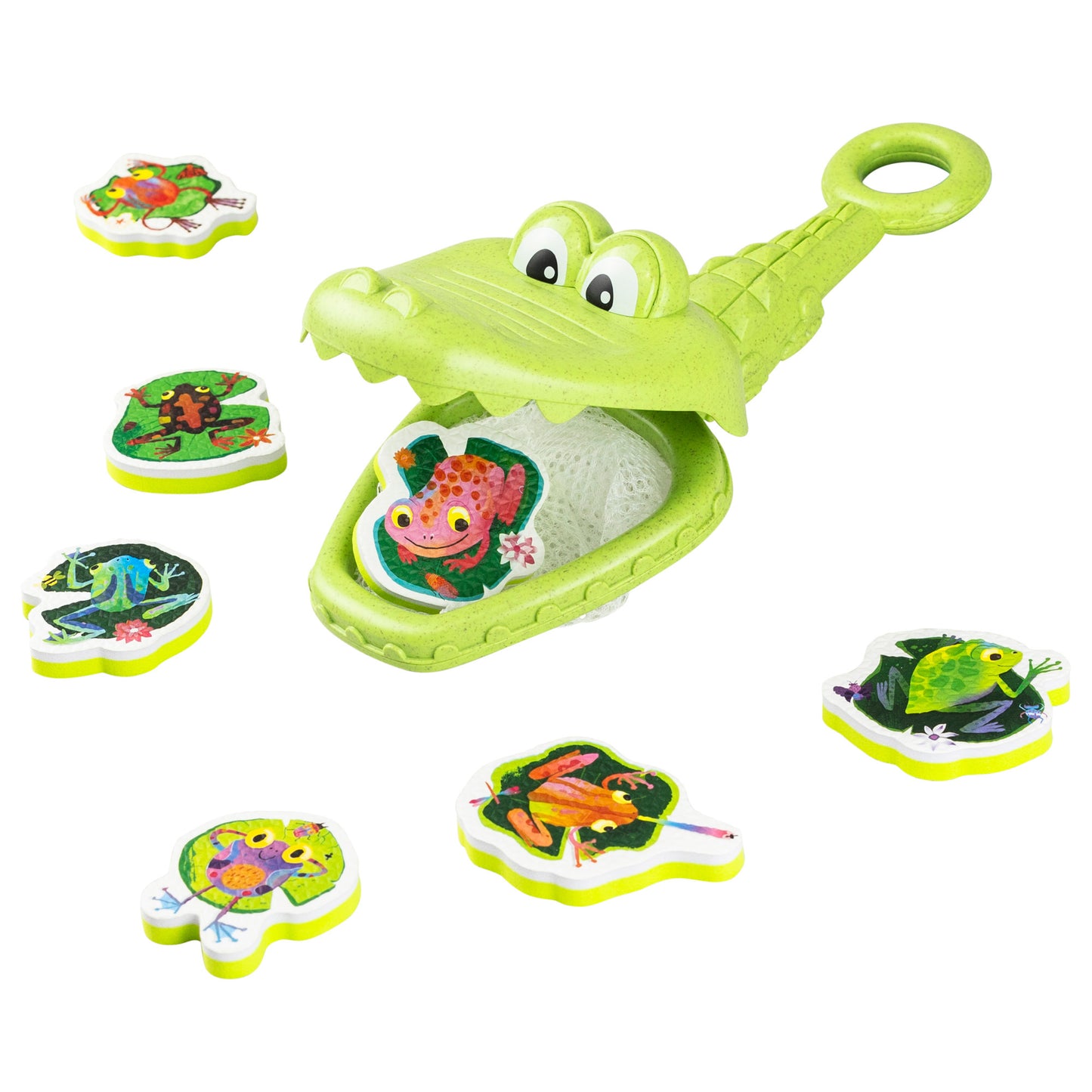Lime-green crocodile-shaped bath toy with opening mouth containing a textured insert, surrounded by six colorful animal-themed puzzle pieces