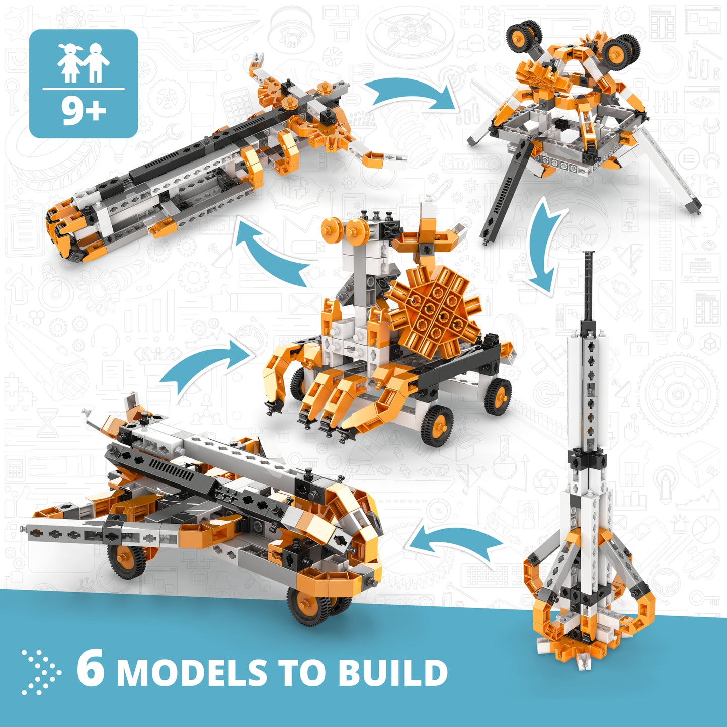 Engino Astronomy STEM building set with 6 orange and gray space models including rocket and rover