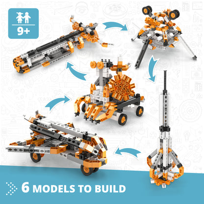 Engino Astronomy STEM building set with 6 orange and gray space models including rocket and rover
