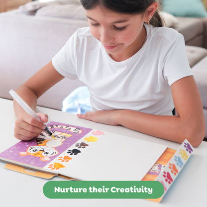 Girl using Tiger Tribe Wild Animals watercolor art set with colorful paw print designs and mess-free brush