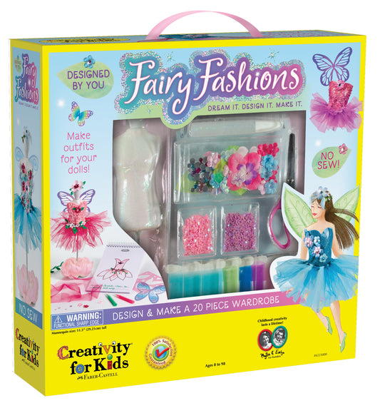 Creativity for Kids Fairy Fashions design kit with pink handle, yellow box showing colorful flowers, tulle skirts, and craft supplies for making doll outfits