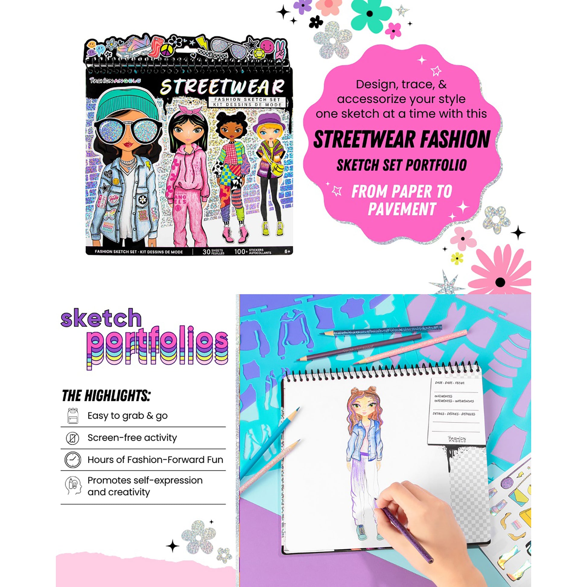Fashion Sketch Set: Streetwear with design templates, colored pencils, and fashion figure illustrations